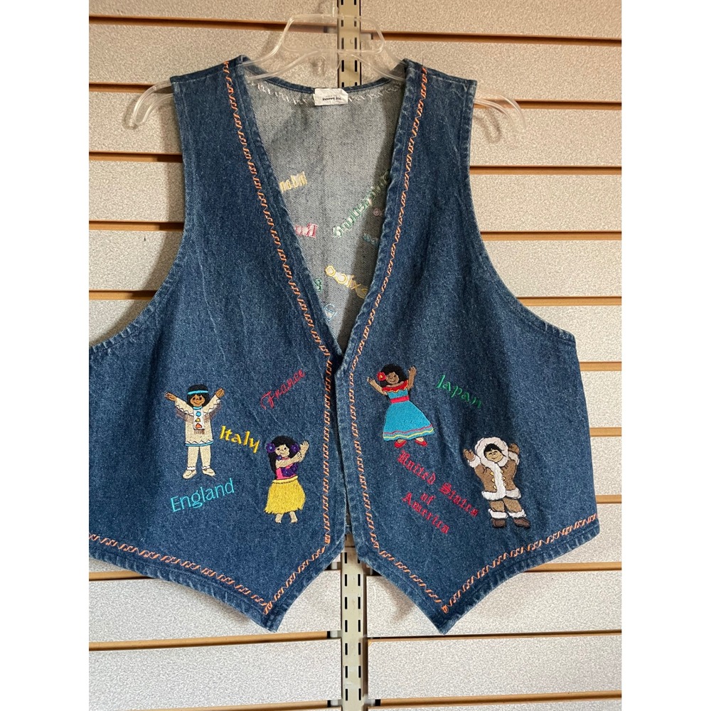 Vintage Innovo Inc One Size Embroidered Denim Vest Novelty Around the World